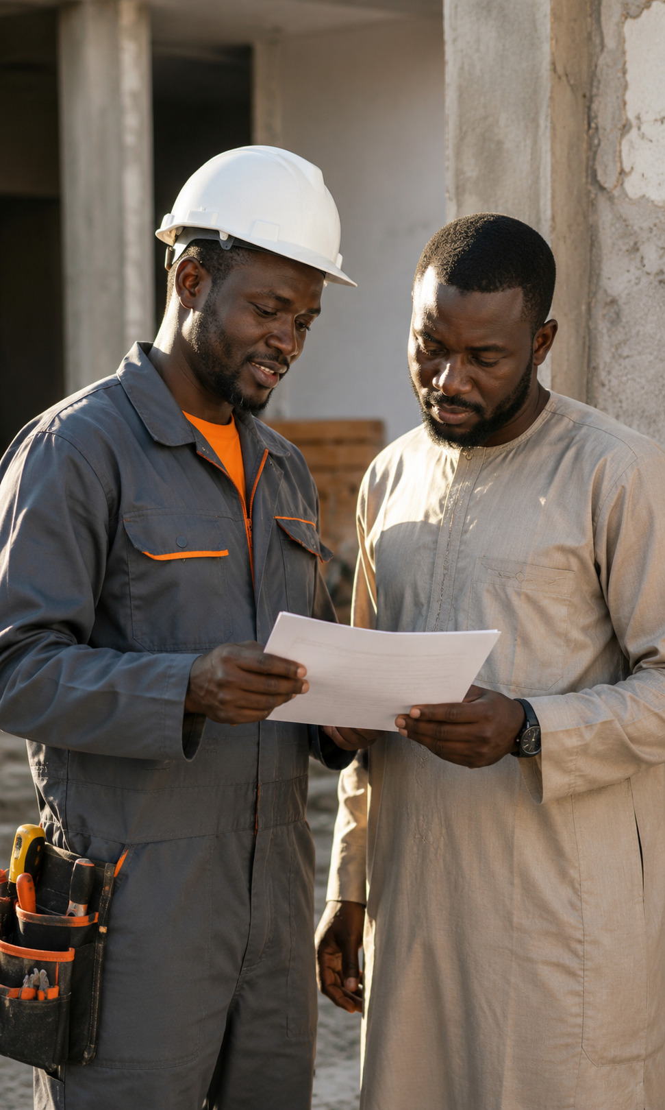Artisan sur chantier remettant un devis à un client au Sénégal